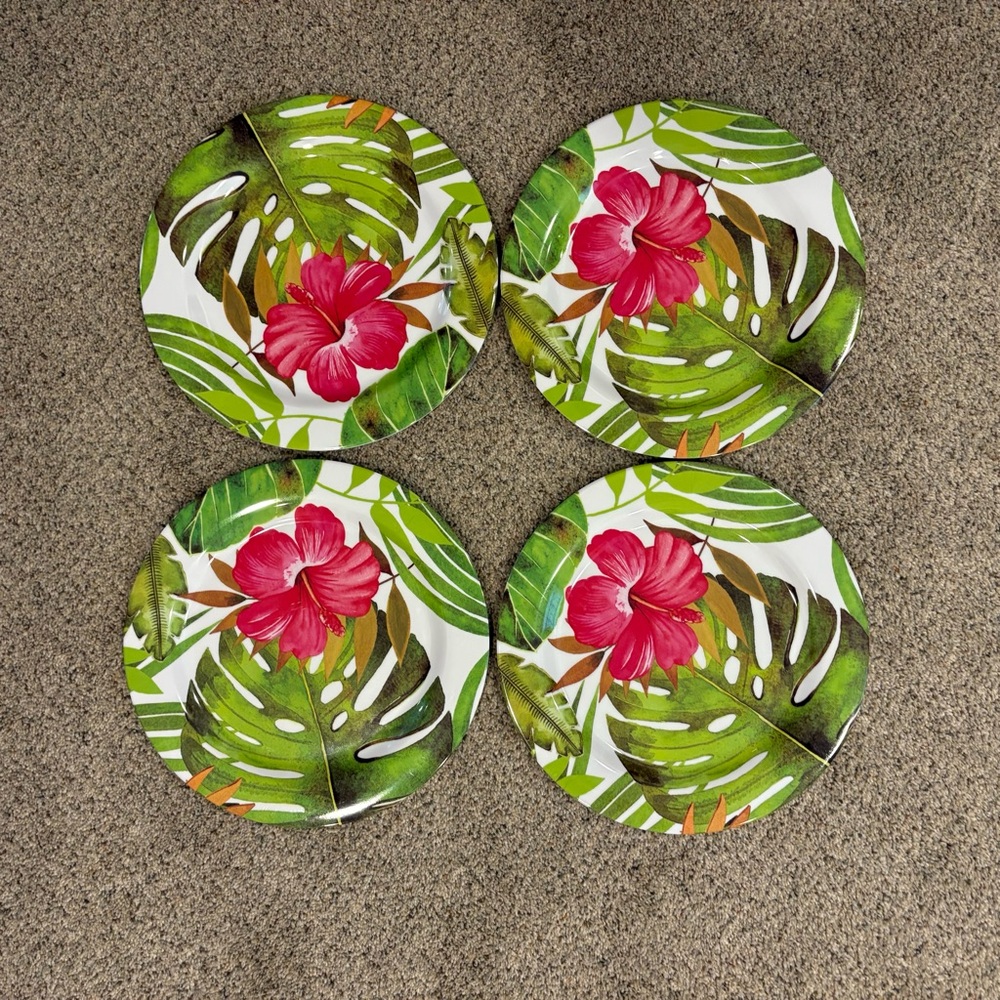 12 Piece Melamine Hibiscus Tropical Dinnerware Set Bowls. Dinner & Salad Plates - Picture 9 of 11